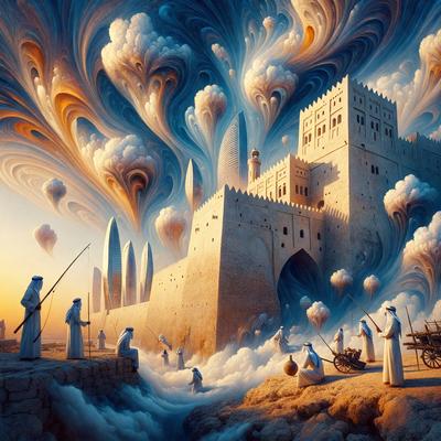 The primary subject of the image is a large, intricately designed castle with a tall tower. The setting is a desert landscape, with a cloudy sky in the background. The visual style is a combination of digital art and illustration, creating a surreal and fantastical atmosphere. The dominant colors are shades of brown, gray, and white, which contribute to the overall mood of the scene.